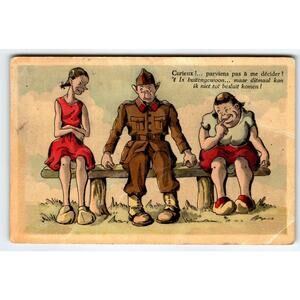 Dutch Army Military Postcard Women In Wooden Shoes By Soldier War Time Humor